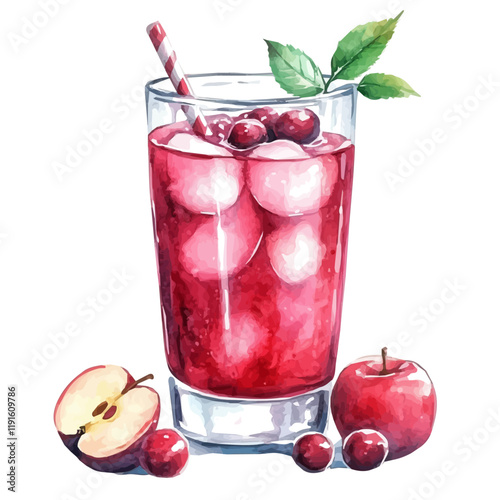 A watercolor of a glass of cranberry apple juice, isolated on a white background. Cranberry apple juice vector.
