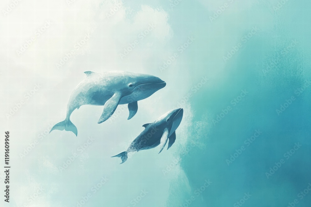 Obraz premium Mother whale and calf swim gracefully in serene blue ocean waters during the daytime. Generative AI