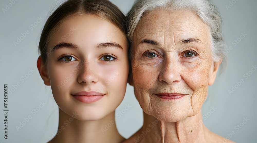 Aging process comparison with face of young and old woman Aging process comparison with face of young and old woman