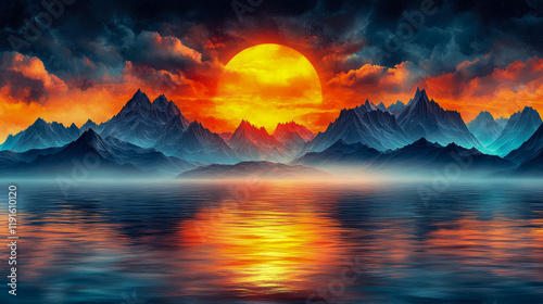 Fiery Sunset Over Serene Mountain Lake: A Digital Landscape Painting