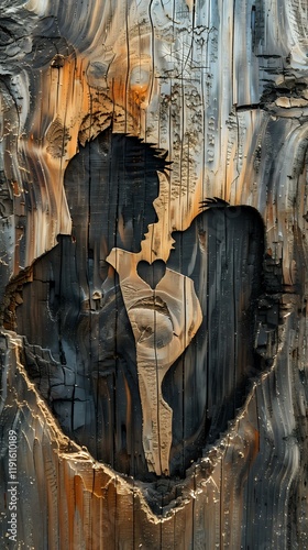 Wallpaper Mural Artistic silhouette of a woman holding a heart shape carved into weathered wooden surface with dramatic orange and gray tones, perfect for Valentine's Day cards or romantic designs. Torontodigital.ca