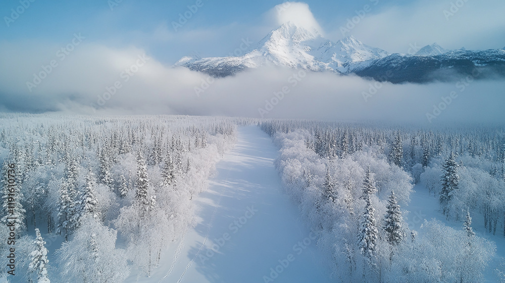 Majestic snowy landscape with mountains and misty clouds in a winter forest Majestic snowy landscape with mountains and misty clouds in a winter forest
