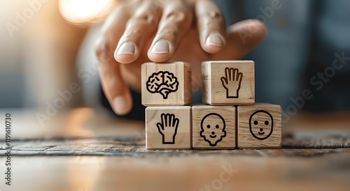Wooden blocks with emotional intelligence and psychology icons arranged by hand, perfect for mental health, coaching, and personal development presentations. photo