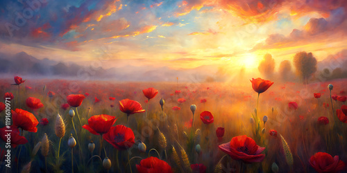 Vibrant poppy field at sunset, golden sky with dramatic clouds and blooming flowers