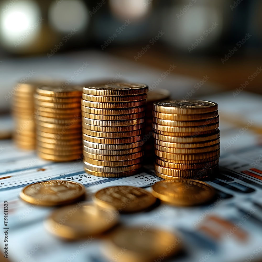 Monetary growth depiction with stacked coins and market analysis picture Monetary growth depiction with stacked coins and market analysis picture