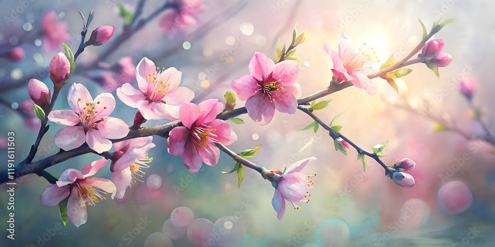 Delicate peach blossoms on branches illuminated by soft sunlight for springtime beauty
Delicate peach blossoms on branches illuminated by soft sunlight for springtime beauty