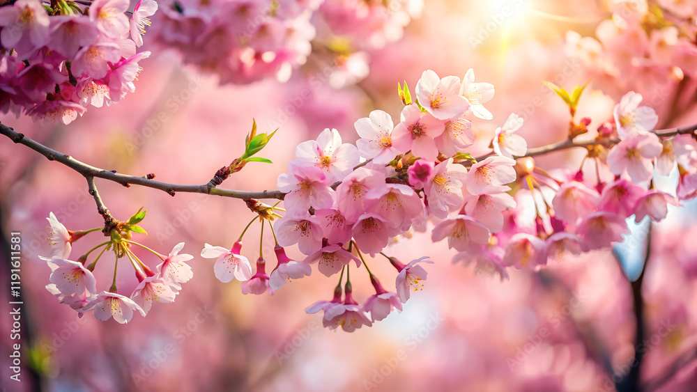 Delicate cherry blossoms in full bloom with sunlight filtering through for spring beauty Delicate cherry blossoms in full bloom with sunlight filtering through for spring beauty