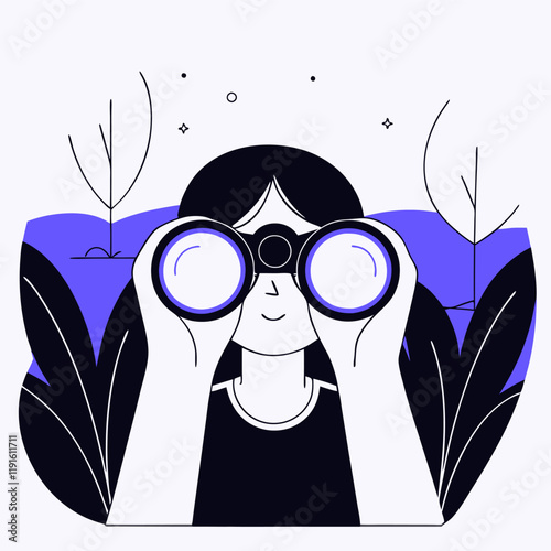 A girl with binoculars is looking for something. Flat style. Vector illustration