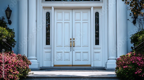 Photo white double doors with glass panes leading to the entranceway, in a church setting, front door view, beautiful, ornate, and symmetrical.