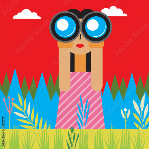 A girl with binoculars is looking for something. Flat style. Vector illustration