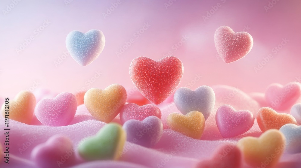 Fototapeta premium Colorful candy hearts arranged on dreamy pink backdrop