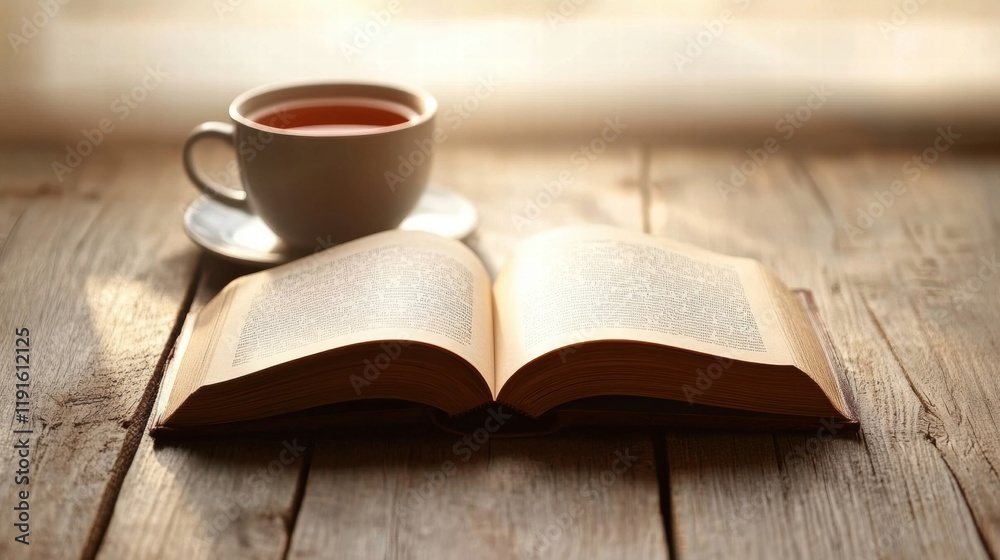 Fototapeta premium Cozy reading nook featuring an open book and a cup of tea on a wooden table in warm lighting. Generative AI