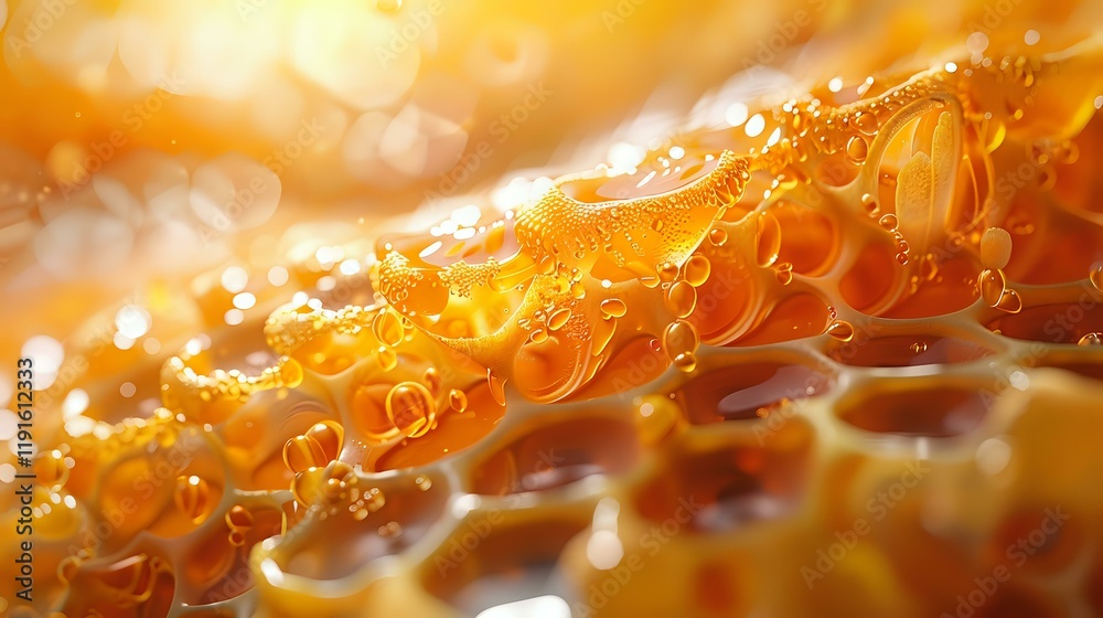 Extreme macro photography of fresh honey in honeycomb cells with golden bubbles and bokeh effect, perfect for food packaging design or natural product advertising. Extreme macro photography of fresh honey in honeycomb cells with golden bubbles and bokeh effect, perfect for food packaging design or natural product advertising.