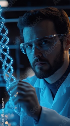 A serious scientist holding a glowing DNA strand in a lab. The blue light illuminates the scene, showcasing the intricate details of molecular research. Innovation shines through the lab work.