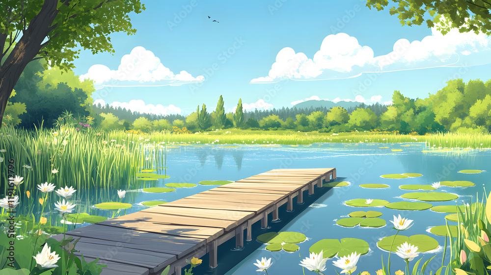 Obraz premium A peaceful cartoon meadow near a lake with a wooden pier extending into the water surrounded by cattails and lily pads.
