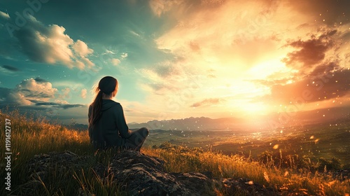 A person sits on a rock, enjoying the colorful sunset over a serene landscape filled with grass and distant mountains under a cloudy sky.