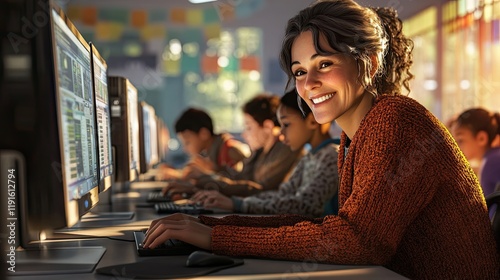A young woman with a bright smile sits at a computer with classmates. They focus on their screens in a vibrant classroom full of colors and creativity.