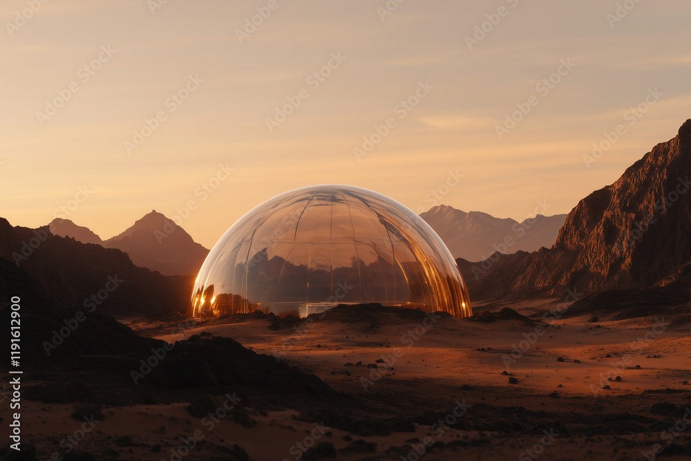 Fototapeta premium dome shaped futuristic home base on planet Mars, orange sky