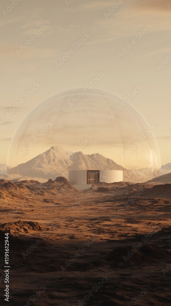 Obraz premium dome shaped futuristic home base on planet Mars, orange sky