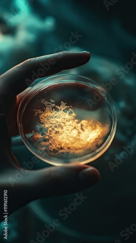 A hand holding a petri dish with glowing liquid inside. The scene captures the beauty of science and creativity, blending light and color in a stunning visual display.