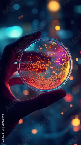 Shimmering Petri Dish with Bright Colors and Bubbles, a Glimpse into Science and Art in a Vibrant Setting, Captivating Imagery of Light and Pattern
