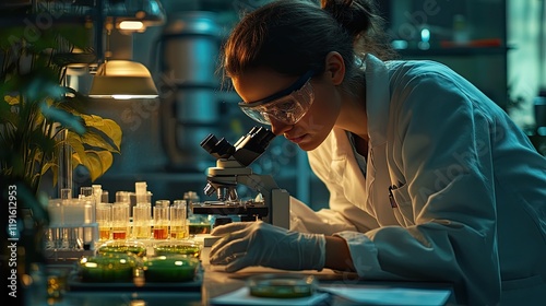 Focused scientist in a laboratory examining samples under a microscope. The lab is filled with vibrant plants and bright experimental tubes, creating a lively research environment.