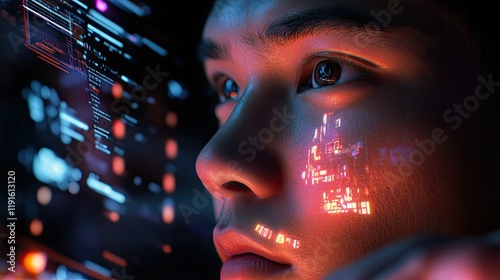 Futuristic close-up of a young person engaged with digital technology, showcasing bright screens and reflections on their face. A glimpse into the future of connectivity.