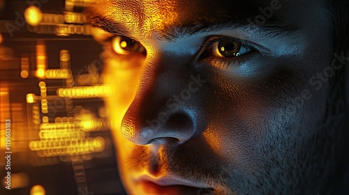 A focused young man with bright eyes looks at digital data swirling in the air. The warm colors reflect an intense curiosity about technology and innovation.
