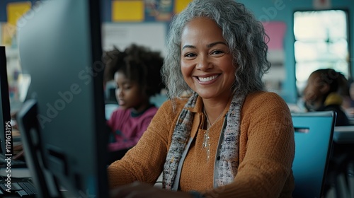 Happy teacher smiling while guiding children at computer classroom session, fostering a positive learning environment with joyful interactions.