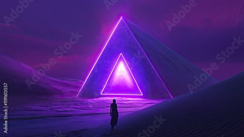 A glowing purple pyramid stands in a surreal desert landscape. A figure approaches the bright triangle, bathed in neon light, under a mysterious sky.