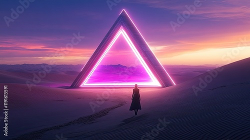 A lone figure walks towards a glowing pyramid in a vibrant desert landscape. The colors of sunset blend beautifully with the neon lights of the pyramid.