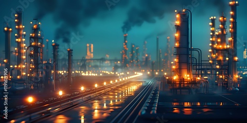 Wallpaper Mural Industrial night panorama of oil refinery with illuminated equipment and railway tracks reflecting in wet surface during rainy weather. Atmospheric petrochemical plant view. Torontodigital.ca