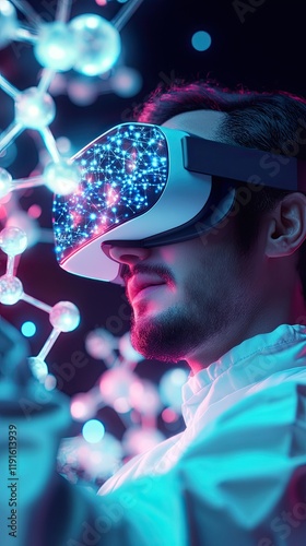 A man wearing a virtual reality headset explores a glowing molecular universe. His experience brings science and technology to life, showcasing the power of imagination.
