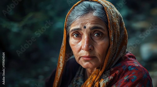 A reflective portrait of an elderly woman wearing a colorful scarf, embodying wisdom and experience. Her expressive eyes tell stories of a life well-lived and cherished moments.