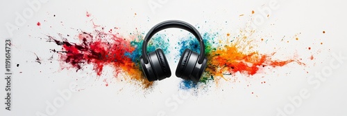 Black wireless headphones surrounded by an explosion of vibrant paint splatters, creating an abstract representation of music, sound, and creative energy, ideal for music related projects photo