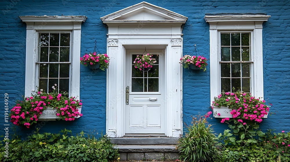 White front door a house with flower boxes and pink flowers on the porch, white trim around the windows, and blue exterior walls. White front door a house with flower boxes and pink flowers on the porch, white trim around the windows, and blue exterior walls.