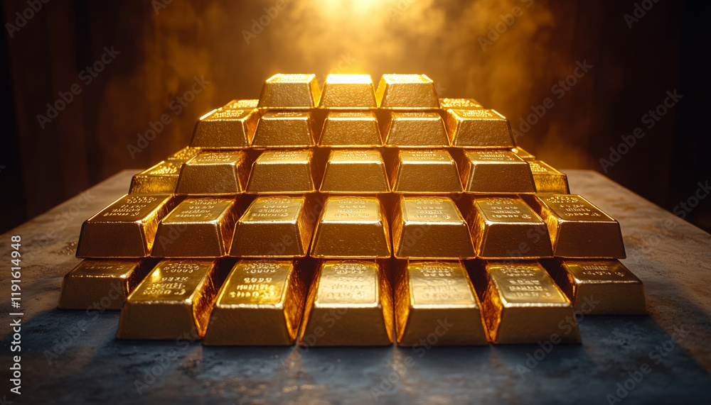 Pyramid of gold bars glows in low light showcasing precious metal's luster and value. Wealth, investment, and the timeless allure of gold concept perfect for financial and investment themes Pyramid of gold bars glows in low light showcasing precious metal's luster and value. Wealth, investment, and the timeless allure of gold concept perfect for financial and investment themes