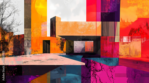 Modern art integration, postmodern architectures vibrant collage mixes contrasting shapes, colors, and empty space, creating a visual cacophony. Rivermist. Illustration