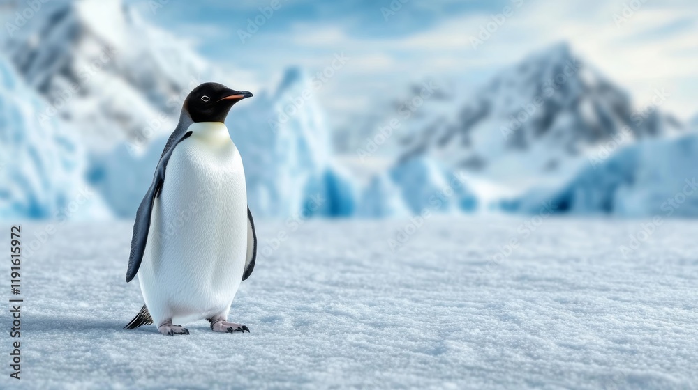Fototapeta premium A photograph of an emperor penguin standing on a windswept ice sheet in Antarctica. Emperor penguin in an icy landscape of a frozen terrain.