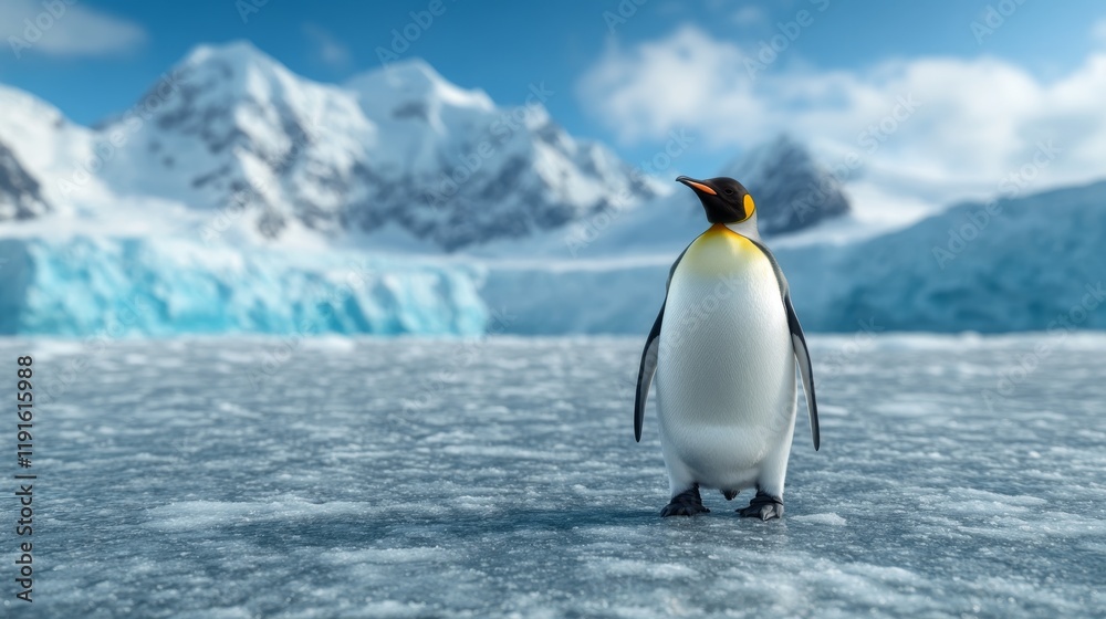 Fototapeta premium A photograph of an emperor penguin standing on a windswept ice sheet in Antarctica. Emperor penguin in an icy landscape of a frozen terrain.