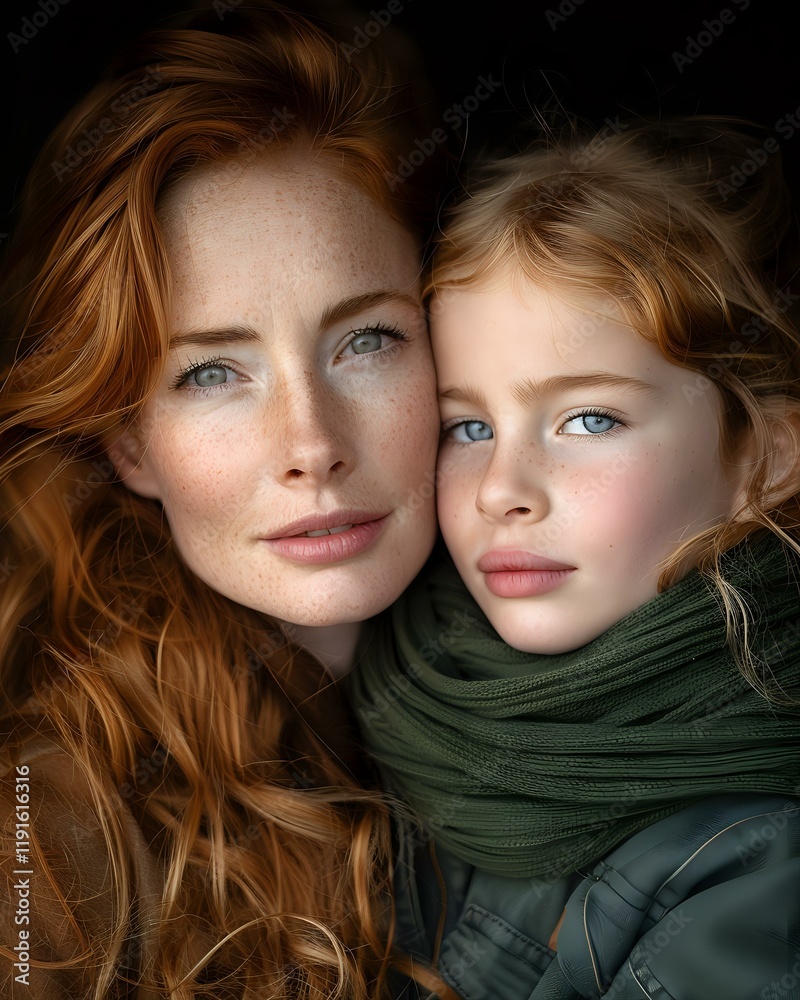 Beautiful portrait of mother and daughter with red hair, freckles and blue eyes wearing winter clothing, perfect for family, beauty or lifestyle advertising. Beautiful portrait of mother and daughter with red hair, freckles and blue eyes wearing winter clothing, perfect for family, beauty or lifestyle advertising.