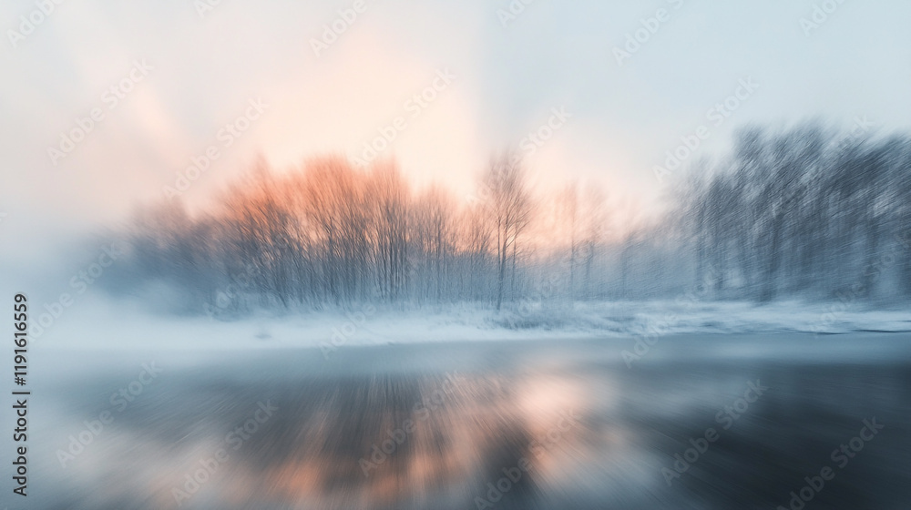 Early morning fog envelops a quiet winter landscape by a serene river Early morning fog envelops a quiet winter landscape by a serene river