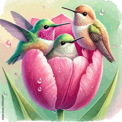 Hand drawn watercolor painting of three colorful hummingbirds nestled inside a blooming pink tulip with dewdrops. Vibrant vector illustration isolated on white background