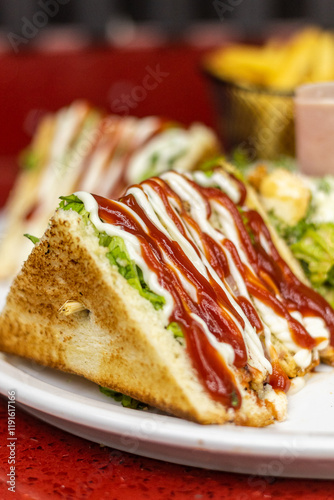 Restaurant food. Various dishes. Clubhouse, pizza, sushi. Traditional food