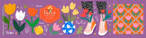 Tulip flowers. Stylish vector tulip flower and bouquet illustrations with vibrant colors, modern seamless pattern, and playful design. Perfect for spring-themed poster, card, and decorative background