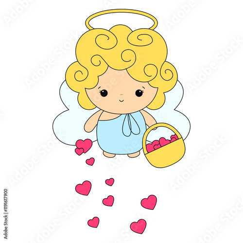 Cartoon angel child with wings and nimbus. Cherub or Cupid Vector illustration. Valentines day angels with hearts