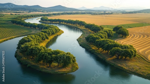 Serene riverbend landscape with lush greenery and rolling hills at sunset photo