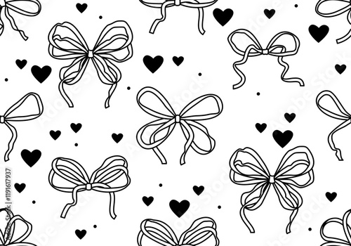 Seamless pattern with bows and heats. Trendy Romantic curly decorative vector pattern with bow, heart. Wavy background with bow. Vintage retro design for greeting card, wedding and birthday party