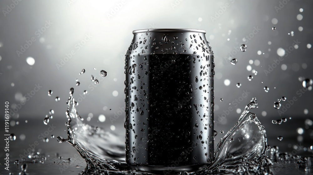 Black soda can with water splashes. Black soda can with water splashes.