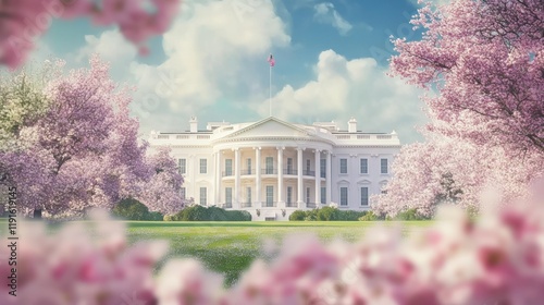 The White House in full bloom surrounded by pink cherry blossom trees on a spring day